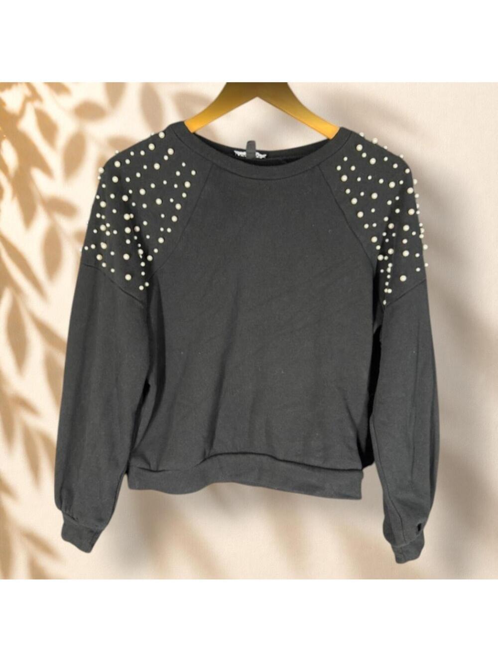 Express Sweatshirt Women XS Black Beaded Long Sleeve Crew Neck Pullover Cotton - Picture 1 of 7